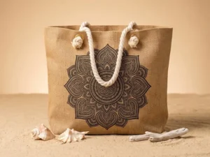 Boho Chic Printed Jute Beach Tote with Soft Cotton Rope Handles