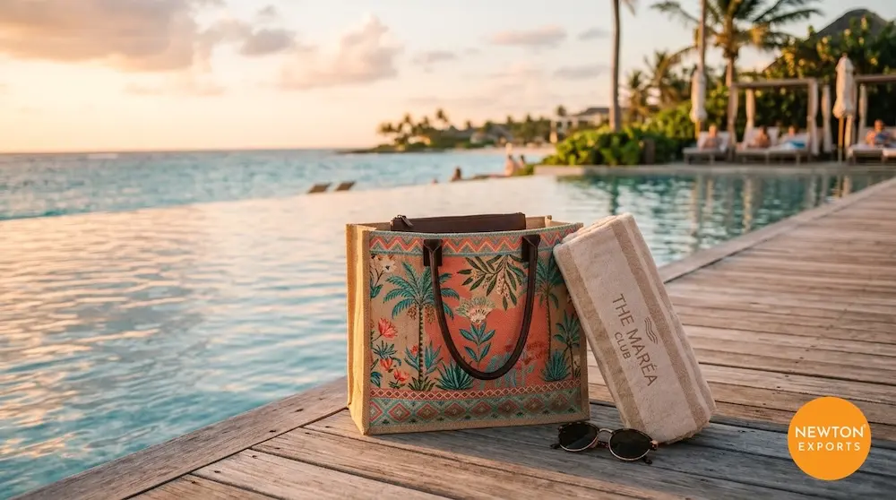 Boho Chic Printed Jute Beach Tote with Soft Cotton Rope Handles - Image 2