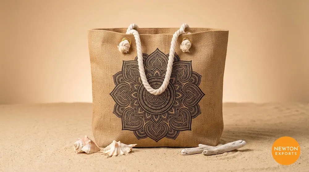 Boho Chic Printed Jute Beach Tote with Soft Cotton Rope Handles