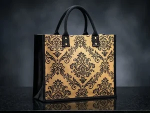 Damask Pattern Premium Jute Shopping Bag with Coloured Gusset