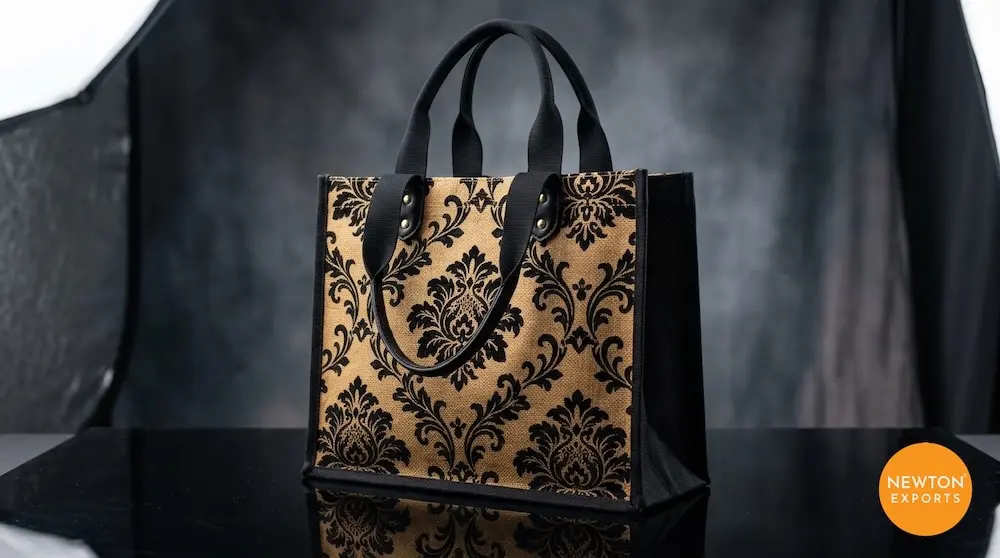 Damask Pattern Premium Jute Shopping Bag with Coloured Gusset - Image 2