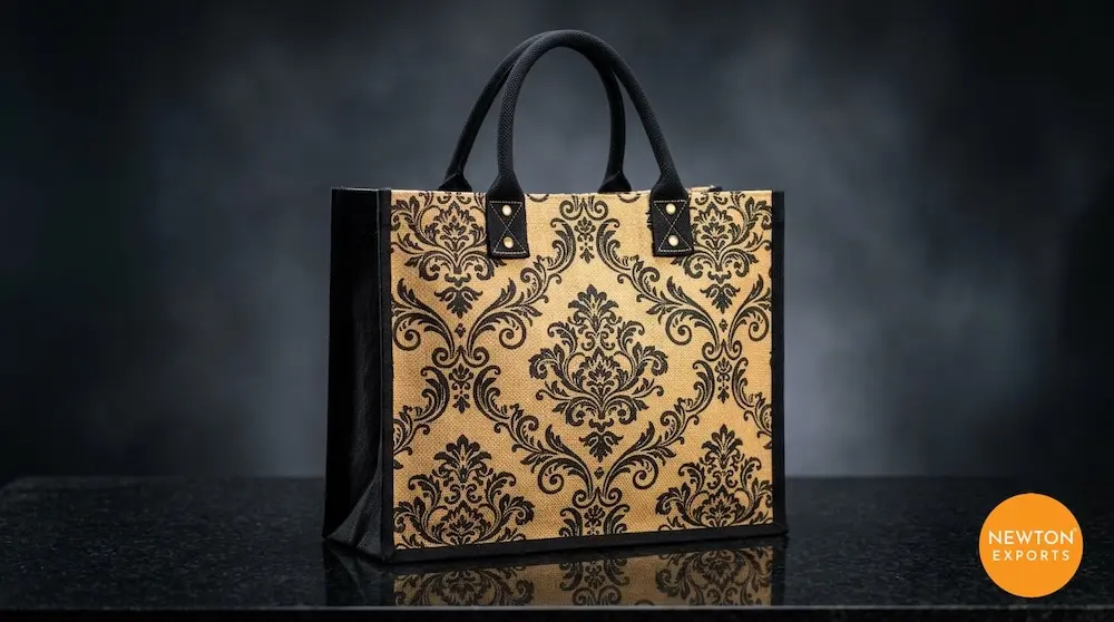 Damask Pattern Premium Jute Shopping Bag with Coloured Gusset