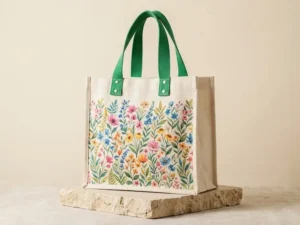 Floral Pattern Jute Fashion Shoulder Bag with Base Gusset
