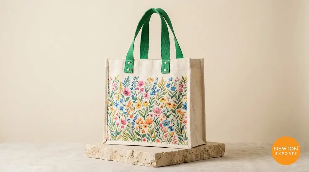 Floral Pattern Jute Fashion Shoulder Bag with Base Gusset