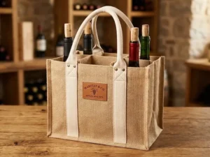 Four-Bottle Jute Wine Tote with Fabric Partitions