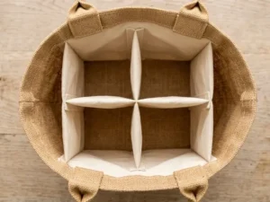 Four-Bottle Jute Wine Tote with Fabric Partitions