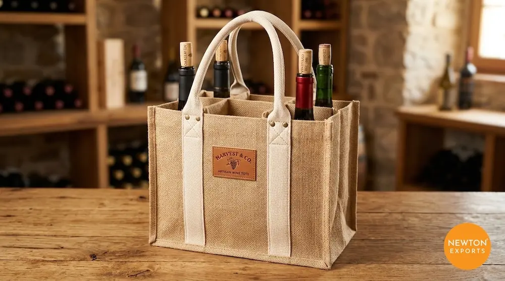 Four-Bottle Jute Wine Tote with Fabric Partitions