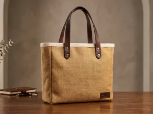 Jute Corporate Tote with Genuine Leather Straps & Rivets