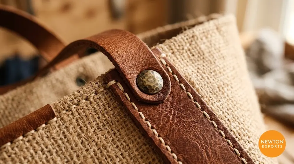Newton Jute Corporate Tote Genuine Leather Straps Detail