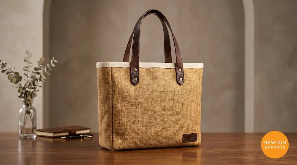 Jute Corporate Tote with Genuine Leather Straps & Rivets