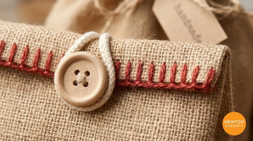 Jute Shopper Bag with Canvas Front Pocket & Wooden Button - Image 2
