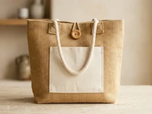 Jute Shopper Bag with Canvas Front Pocket & Wooden Button