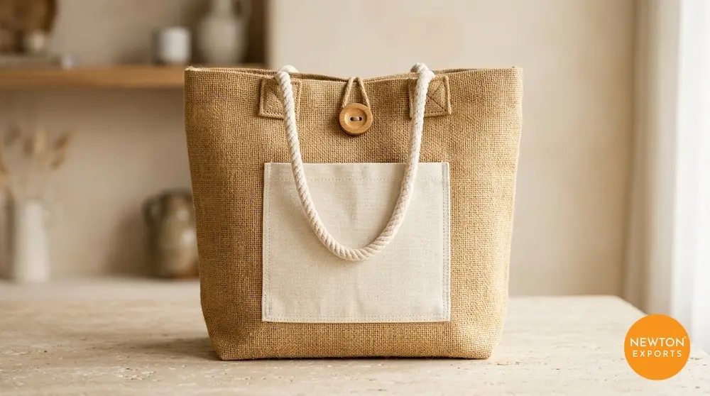 Jute Shopper Bag with Canvas Front Pocket & Wooden Button