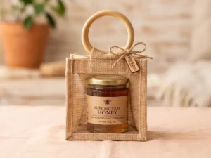 Mini Jute Gift Bag with Transparent Front Window & Cane Handle