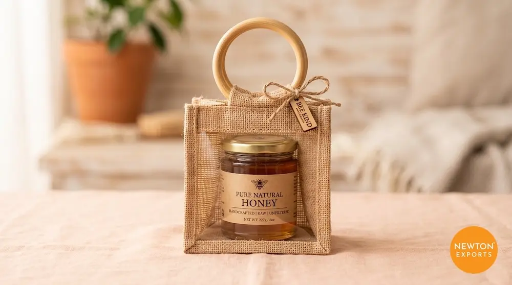 Mini Jute Gift Bag with Transparent Front Window & Cane Handle