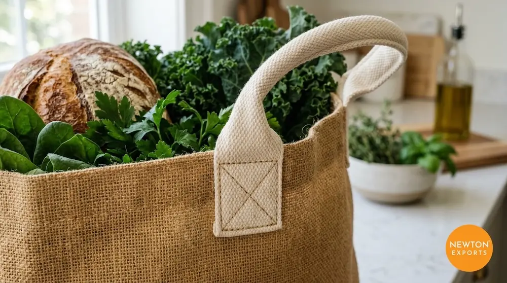 Natural Jute Grocery Shopping Bag with Padded Webbing Handles - Image 2