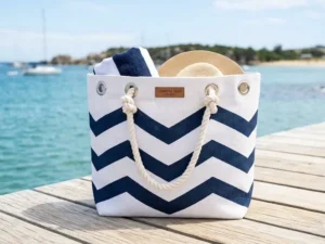 Nautical Striped Jute Beach Tote with Metal Eyelets