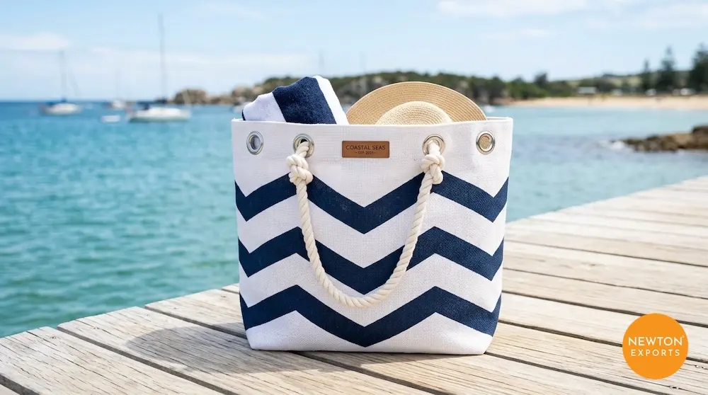 Nautical Striped Jute Beach Tote with Metal Eyelets