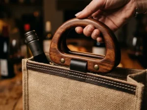 Single Bottle Jute Wine Bag with Clear PVC Window & Cane D-Handle