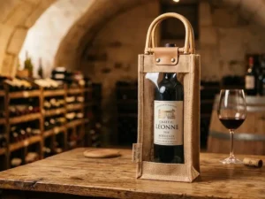 Single Bottle Jute Wine Bag with Clear PVC Window & Cane D-Handle