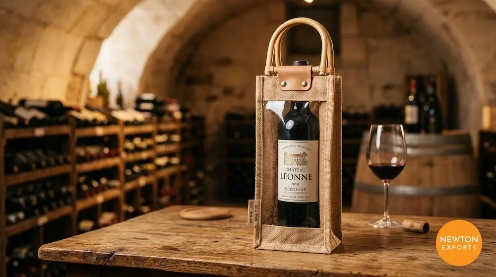 Single Bottle Jute Wine Bag with Clear PVC Window & Cane D-Handle - Image 2