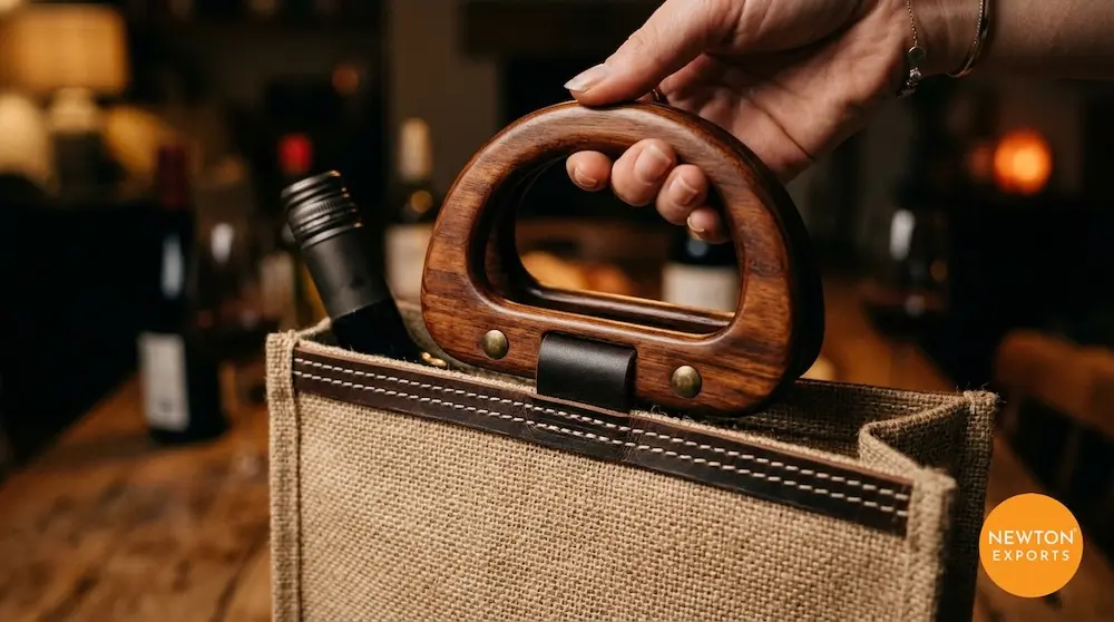 Single Bottle Jute Wine Bag with Clear PVC Window & Cane D-Handle