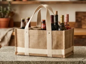 Six-Bottle Heavy-Duty Jute Beverage Bag with Removable Dividers