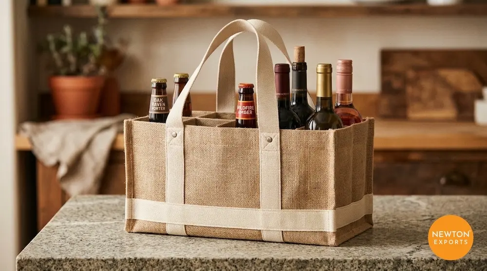 Six-Bottle Heavy-Duty Jute Beverage Bag with Removable Dividers