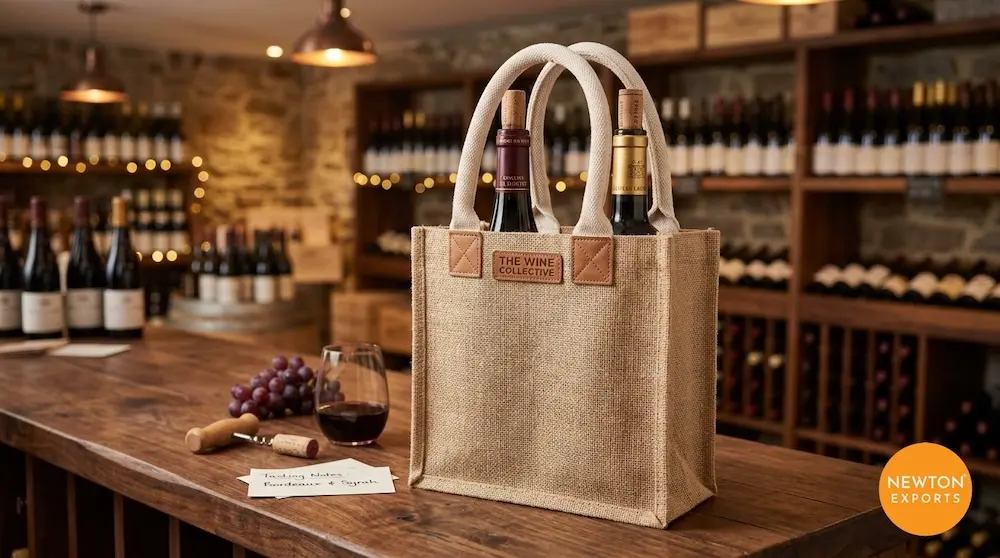 Two-Bottle Jute Wine Carrier with Padded Internal Divider