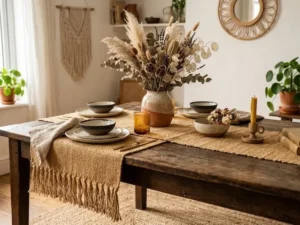 Woven Jute Table Runner with Fringed Edges