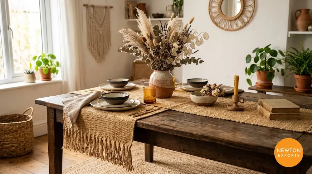 Woven Jute Table Runner with Fringed Edges